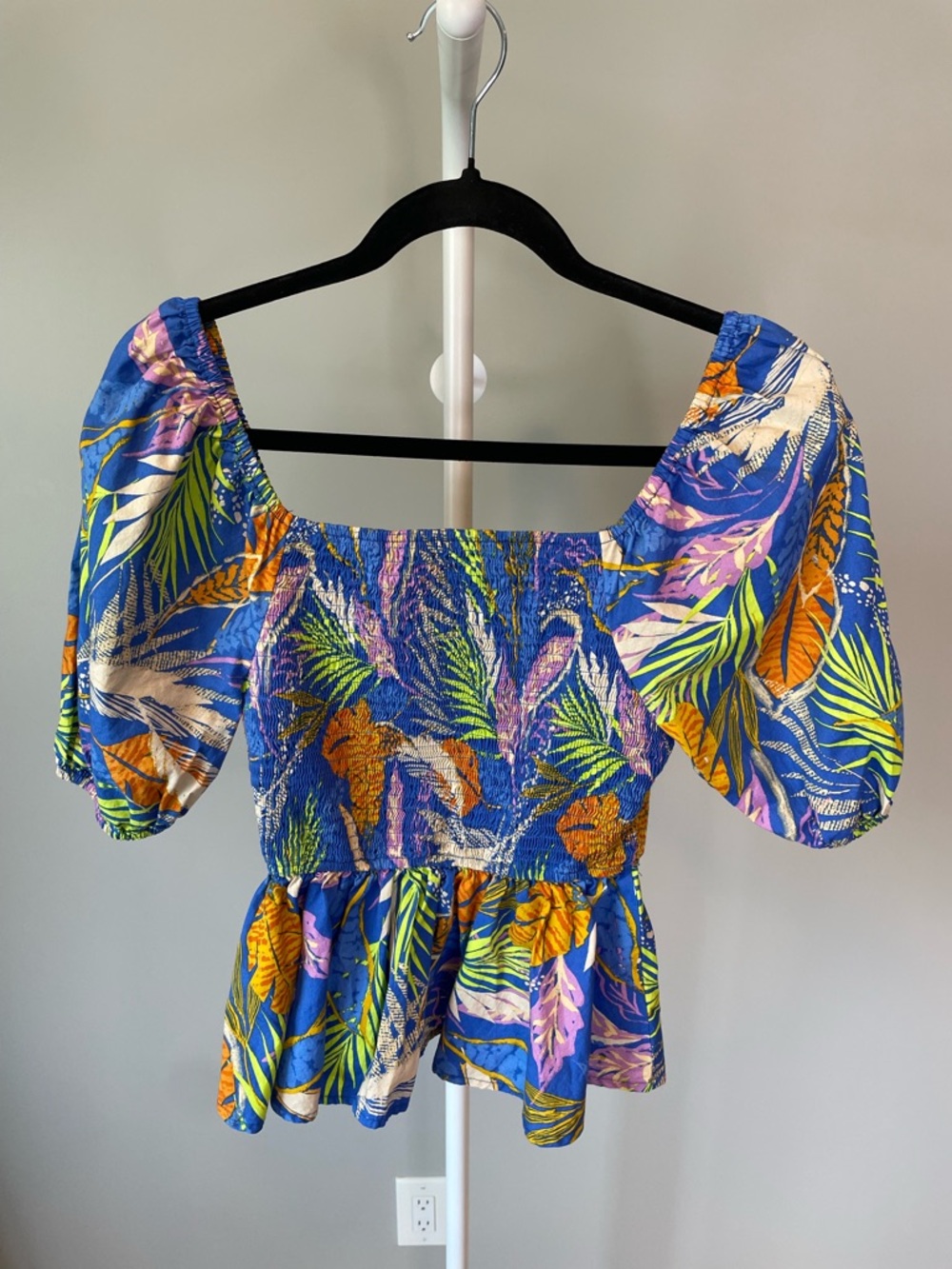 Flying Tomato Blue Tropical Smocked Puff-Sleeve Boho Summer Peplum Top